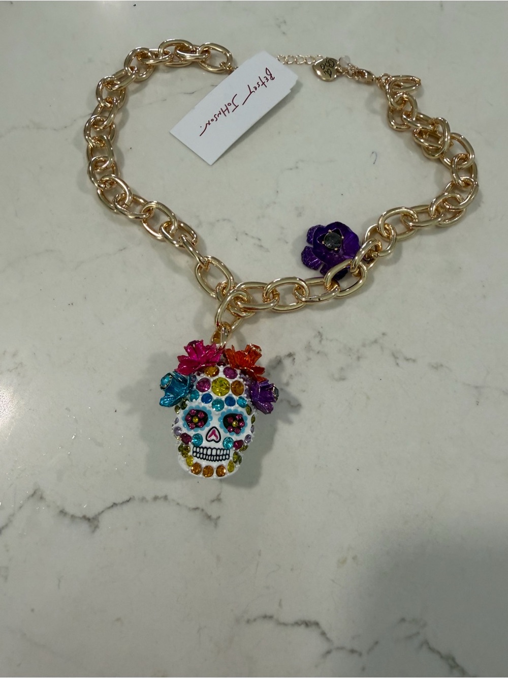 Betsey Johnson Gold-Tone Multicolor Crystal Sugar Skull Necklace